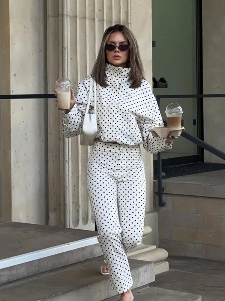 Women's polka dot cropped jacket with high collar and long sleeves
