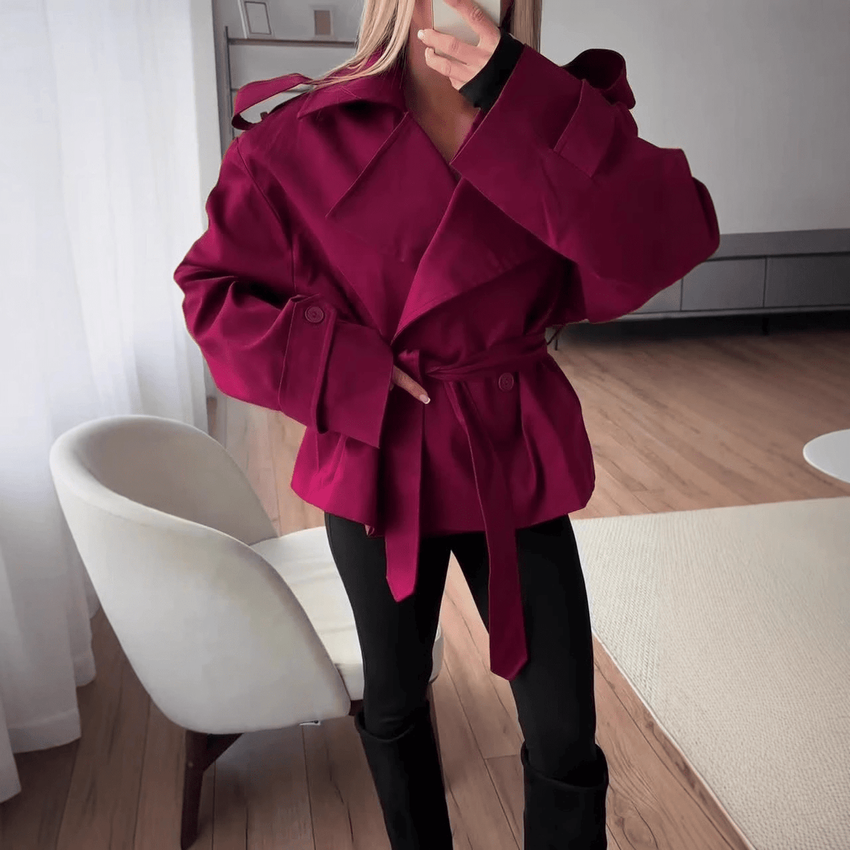 Women's cropped wrap trench coat with tie belt, lapels and long sleeves