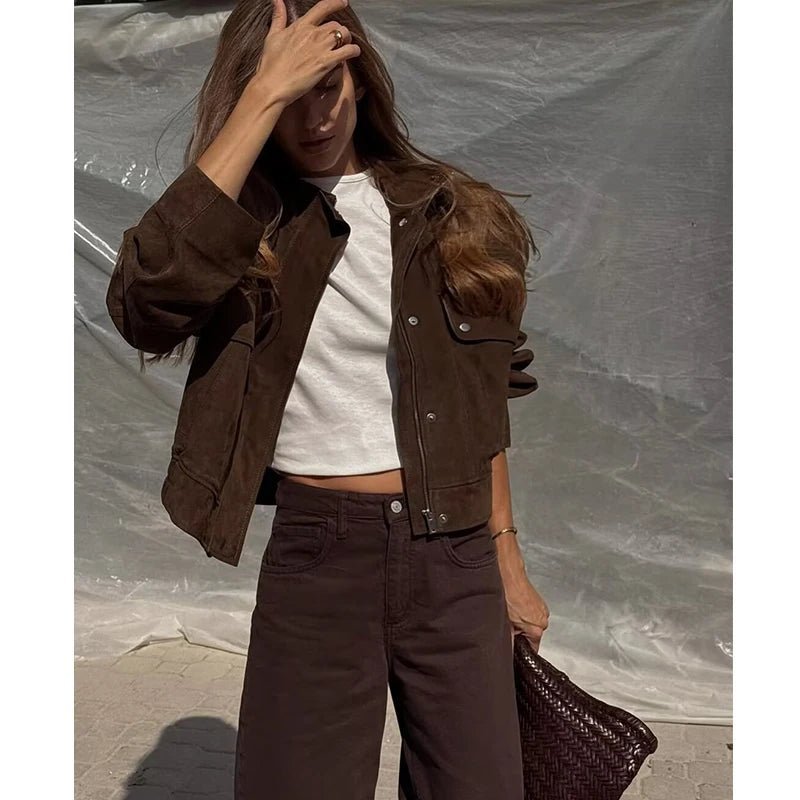 Women's brown cropped jacket with stand collar, button front and flap pockets