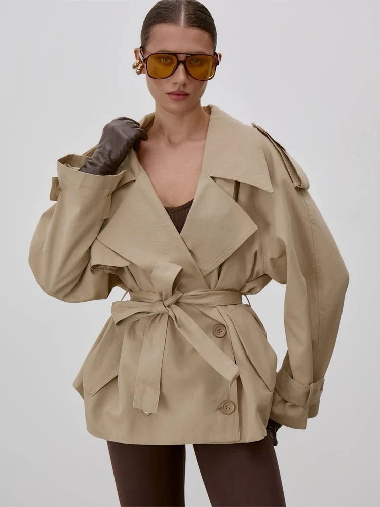 Women's belted short trench coat with stand collar and long sleeves