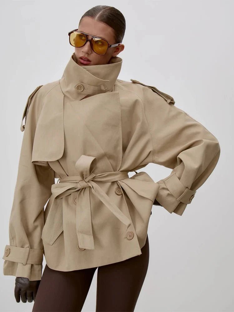 Women's belted short trench coat with stand collar and long sleeves