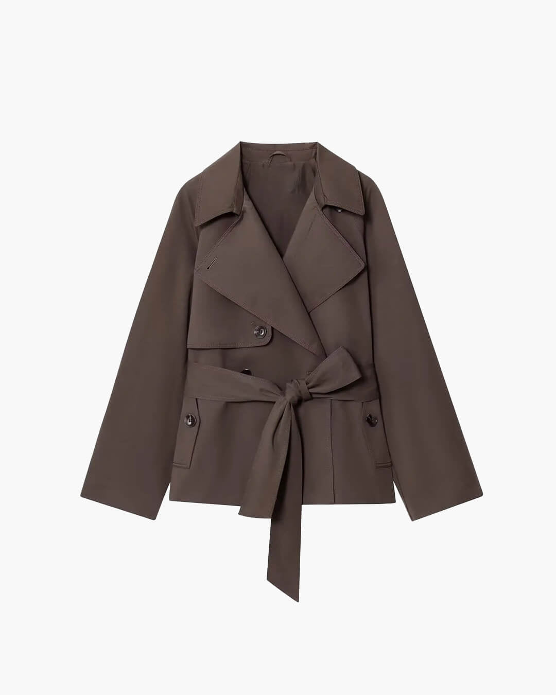 Women's short belted trench coat with notched lapels and long sleeves