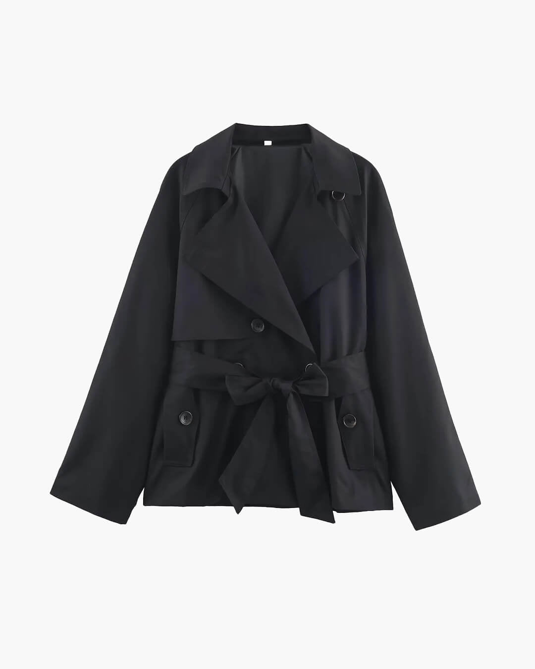 Women's short belted trench coat with notched lapels and long sleeves