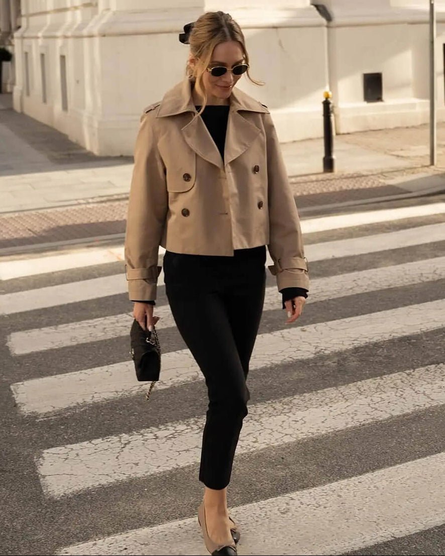 Women's cropped double-breasted trench coat with notched lapels and long sleeves