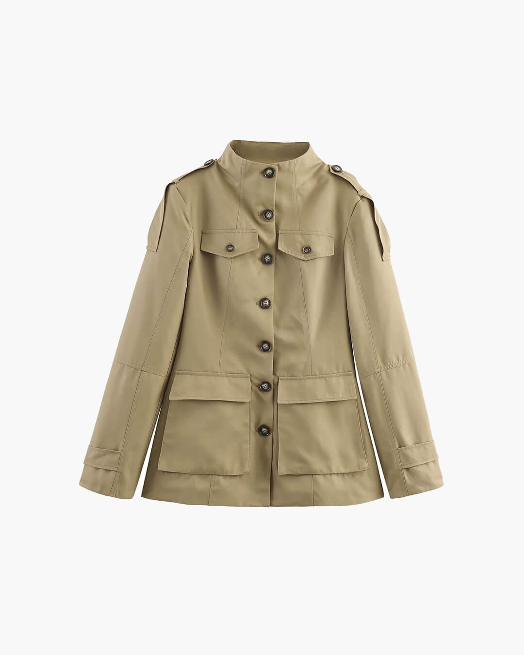 Women's beige slim fit trench coat with Mandarin collar, long sleeves and flap pockets