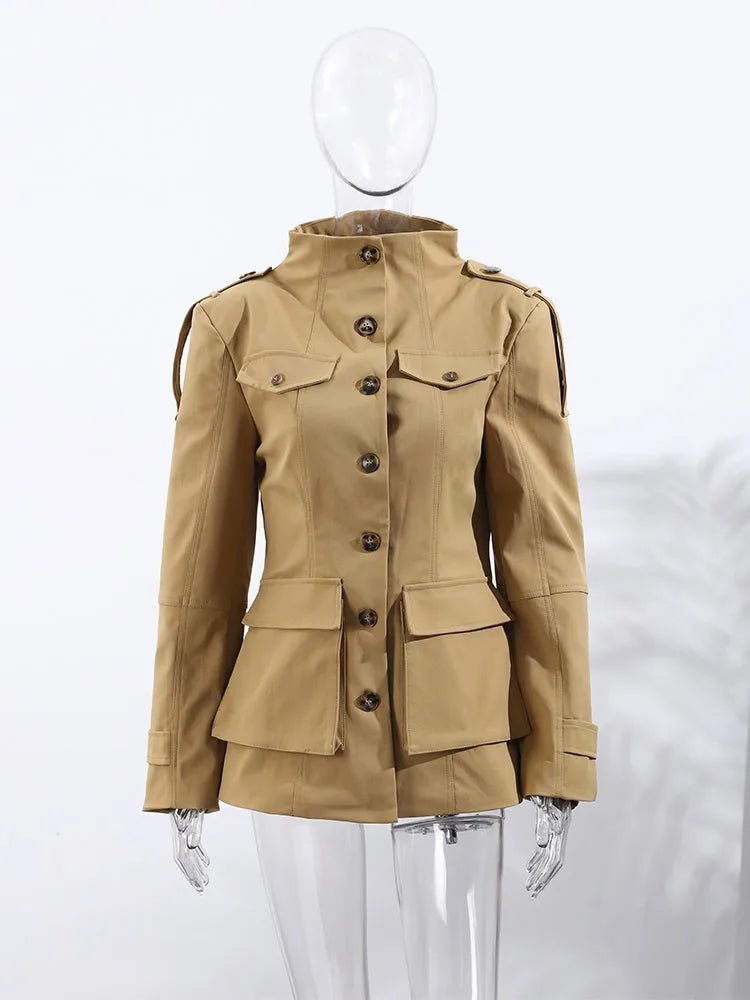 Women's beige slim fit trench coat with Mandarin collar, long sleeves and flap pockets