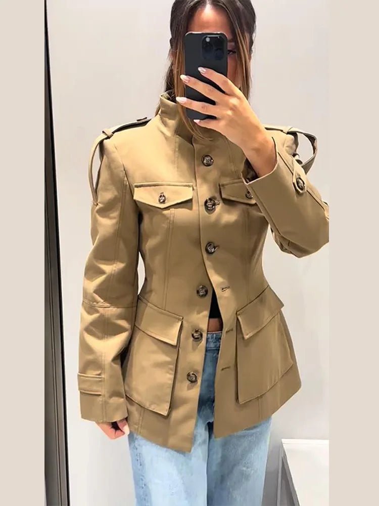 Women's beige slim fit trench coat with Mandarin collar, long sleeves and flap pockets