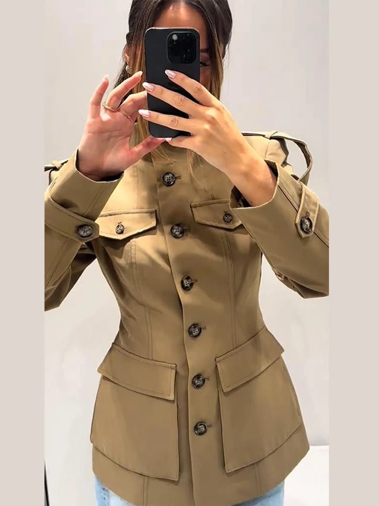 Women's beige slim fit trench coat with Mandarin collar, long sleeves and flap pockets