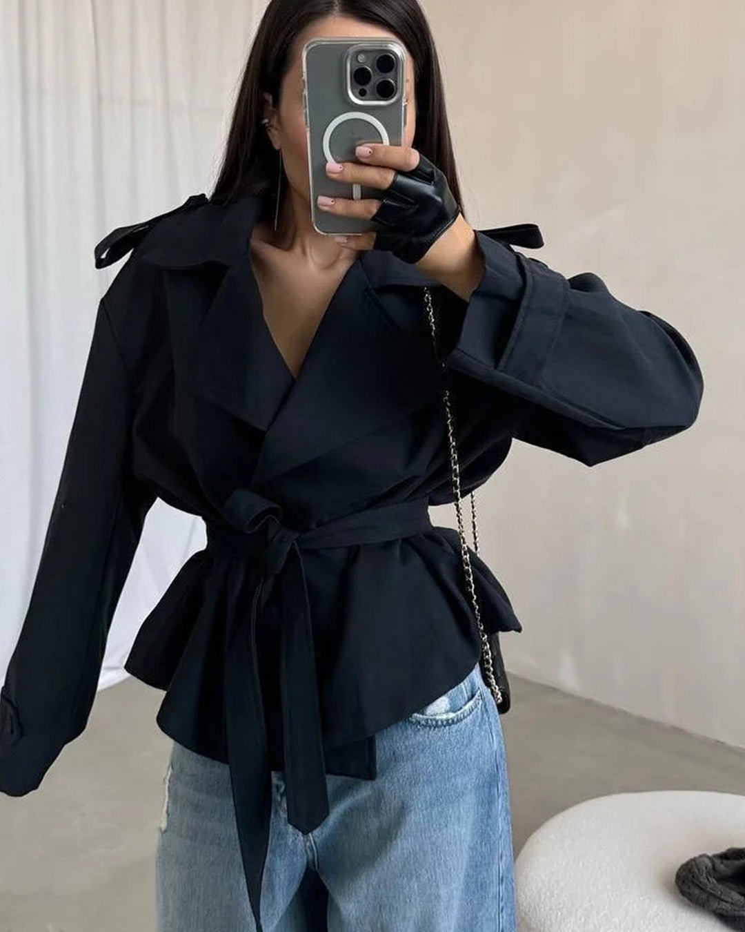 Women's cropped wrap trench coat with tie belt, lapels and long sleeves