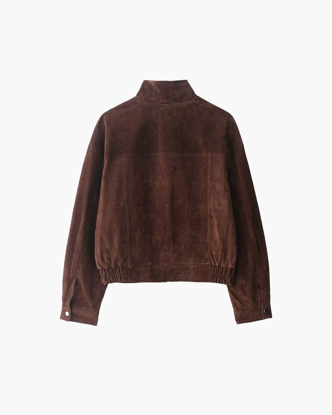 Women's brown cropped jacket with stand collar, button front and flap pockets