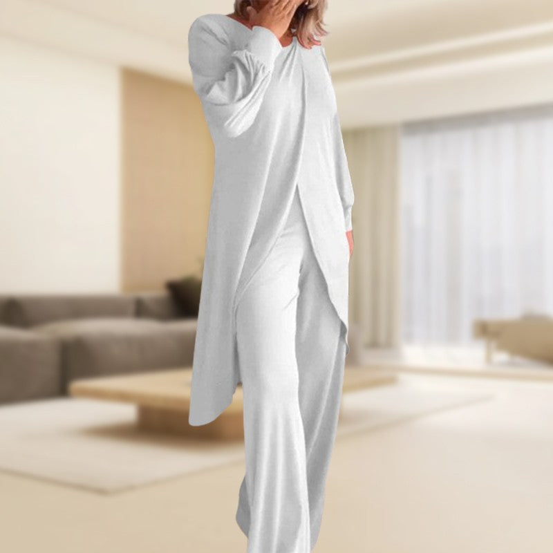 Women's two-piece lounge set with long-sleeve layered top and wide-leg trousers