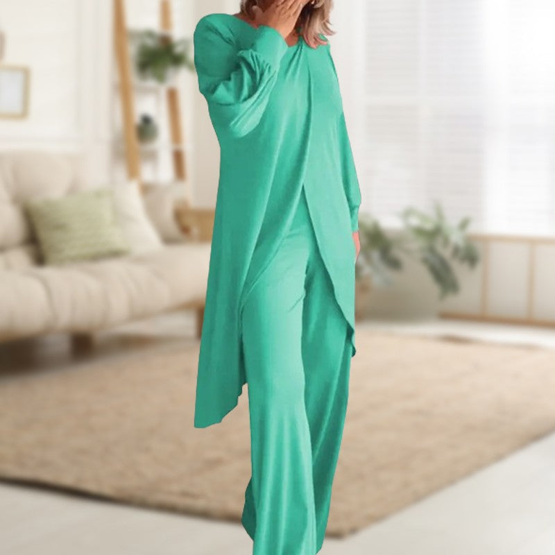 Women's two-piece lounge set with long-sleeve layered top and wide-leg trousers