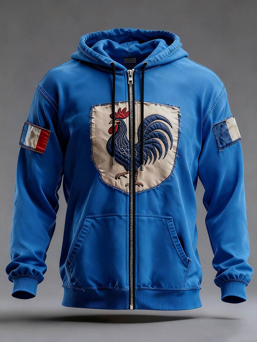 Men's hooded zip sweatshirt with rooster and French flag patches