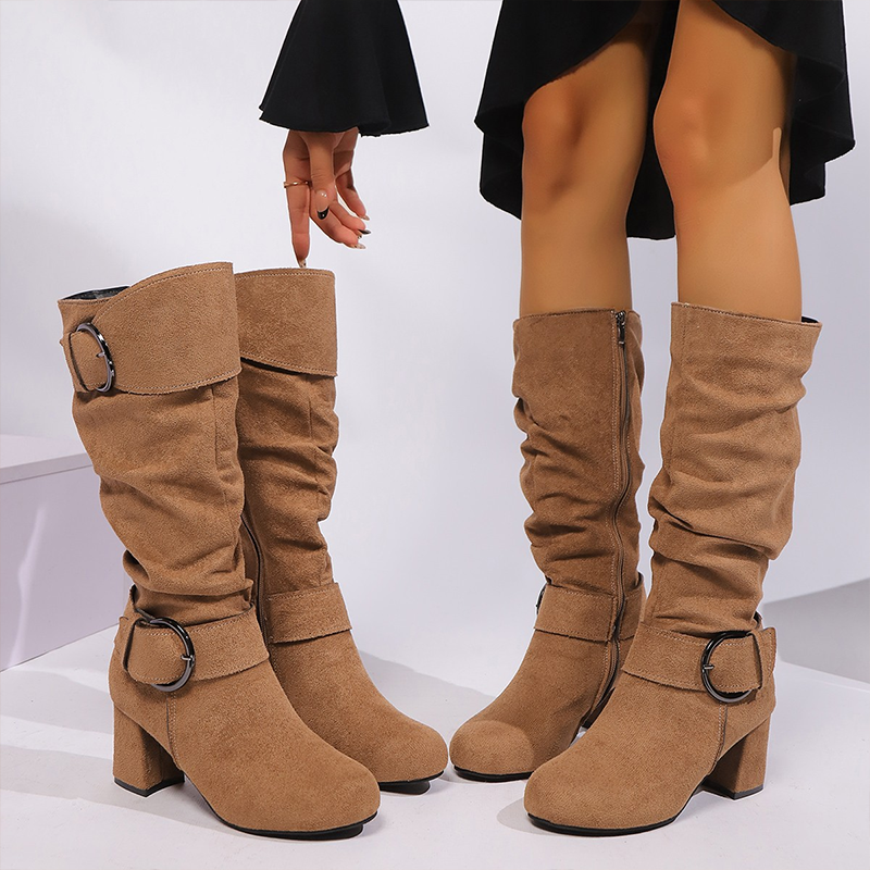 Women's slouch knee-high boots with buckle straps and block heels