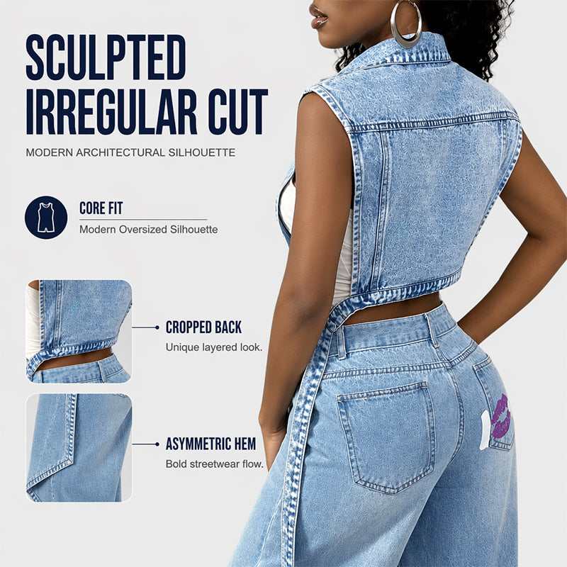 Women's sleeveless longline denim vest jacket with collar, chest pockets and split hem
