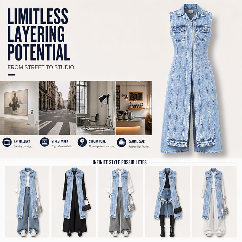 Women's sleeveless longline denim vest jacket with collar, chest pockets and split hem