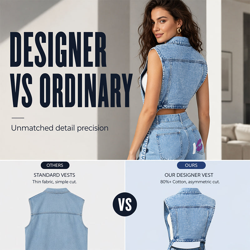 Women's sleeveless longline denim vest jacket with collar, chest pockets and split hem