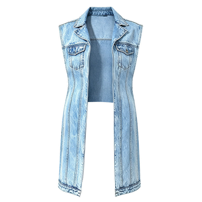 Women's sleeveless longline denim vest jacket with collar, chest pockets and split hem