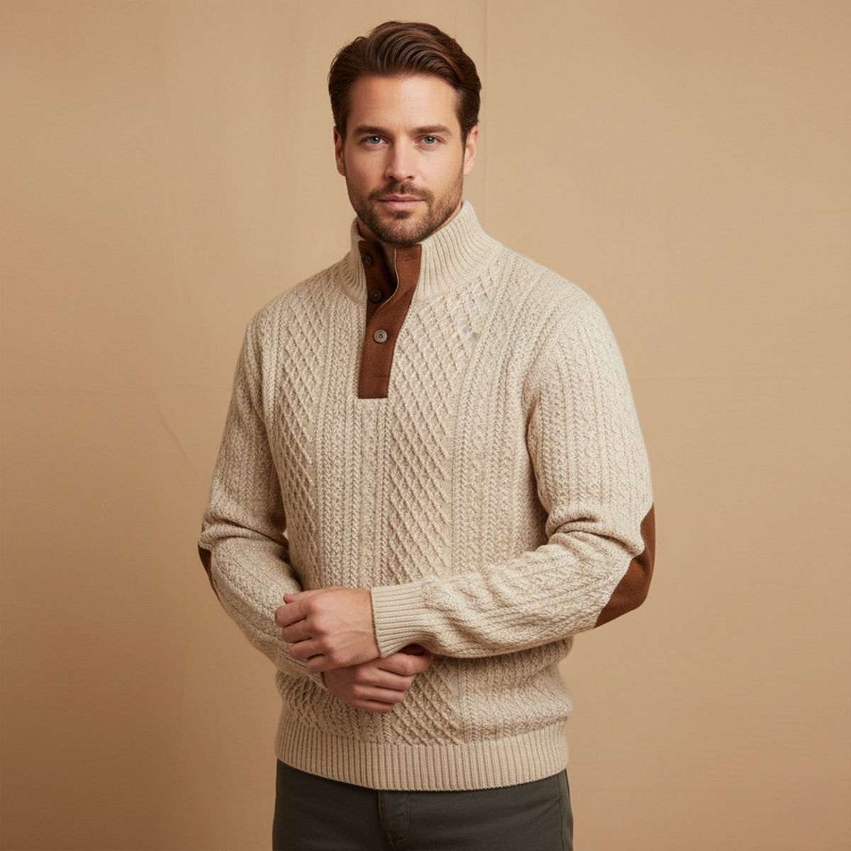 Men's textured mock neck sweater with button placket and contrasting elbow patches