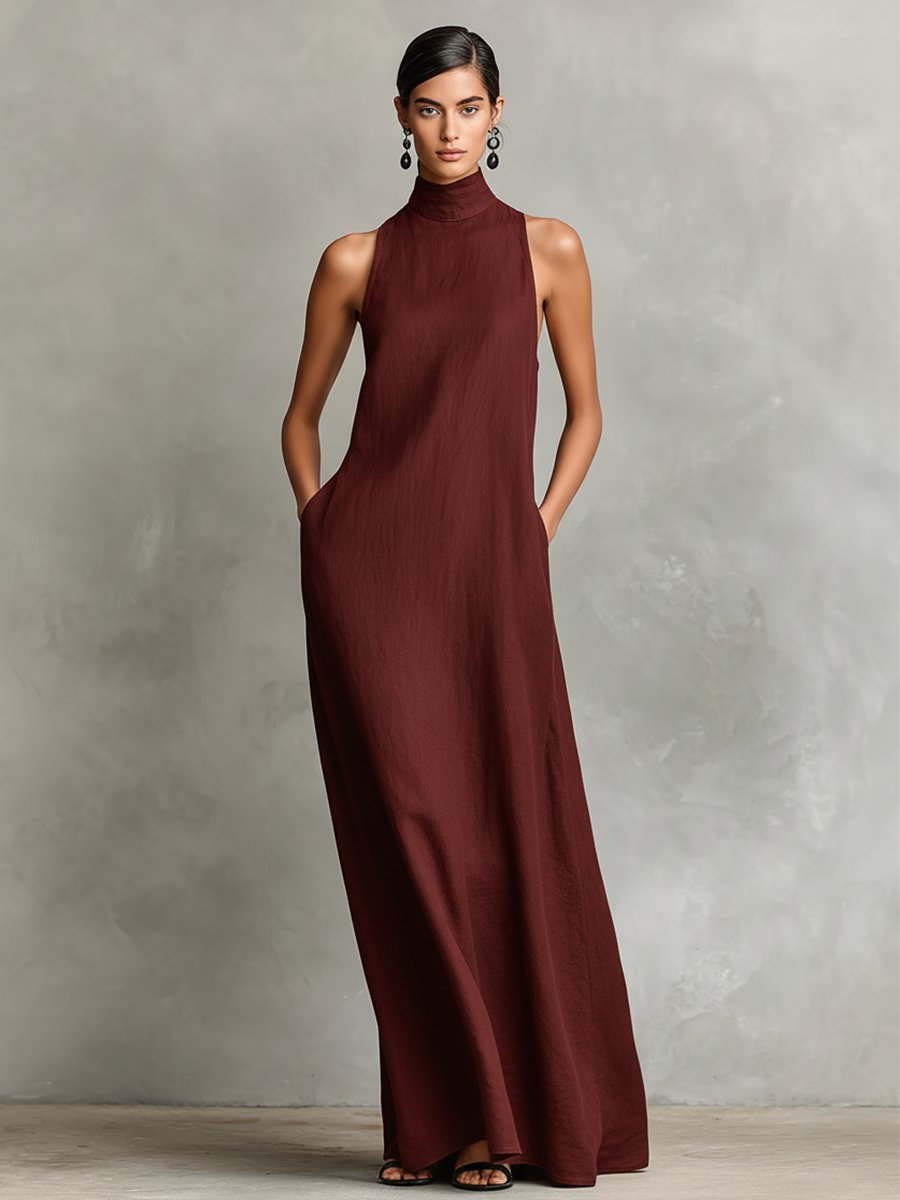 Women's sleeveless high-neck maxi dress with side pockets