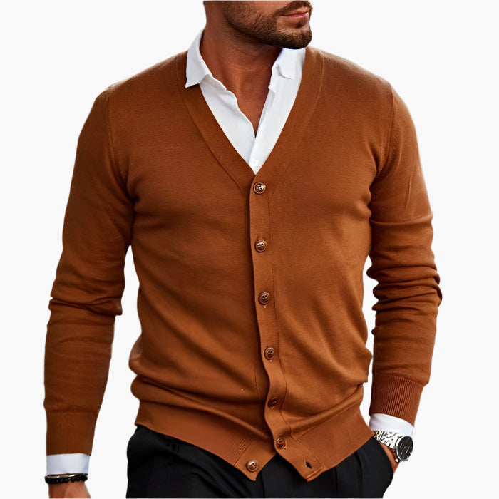 Men's long-sleeve V-neck button cardigan layered over a white shirt