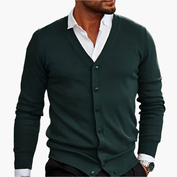 Men's long-sleeve V-neck button cardigan layered over a white shirt
