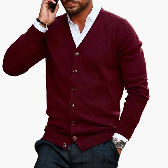 Men's long-sleeve V-neck button cardigan layered over a white shirt