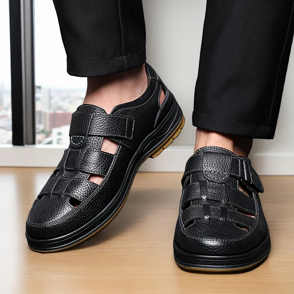 Men's Leather Sandal Closed Toe Adjustable Strap - Black