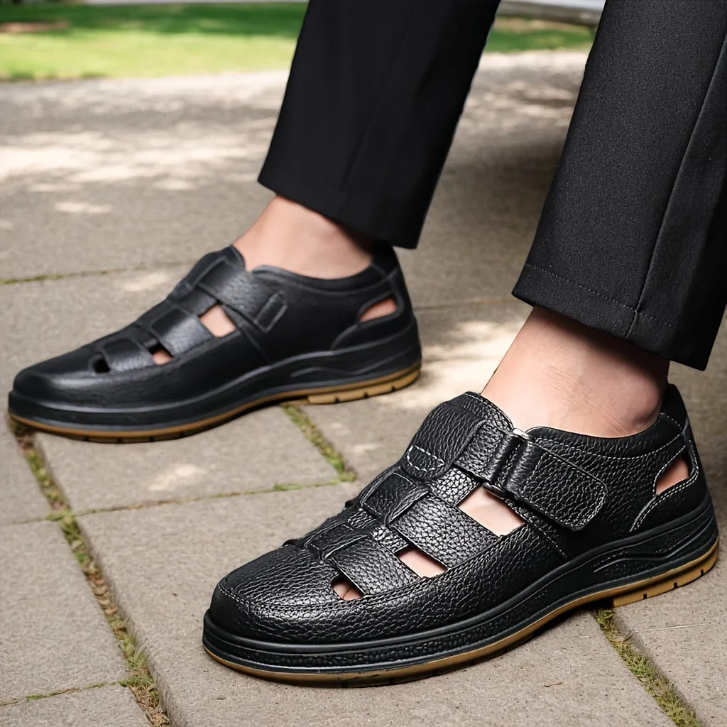 Men's Leather Sandal Closed Toe Adjustable Strap - Black