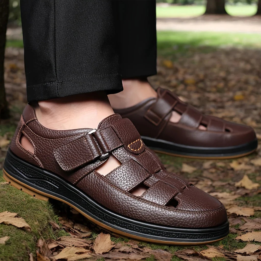 Men's Leather Sandal Closed Toe Adjustable Strap - Brown