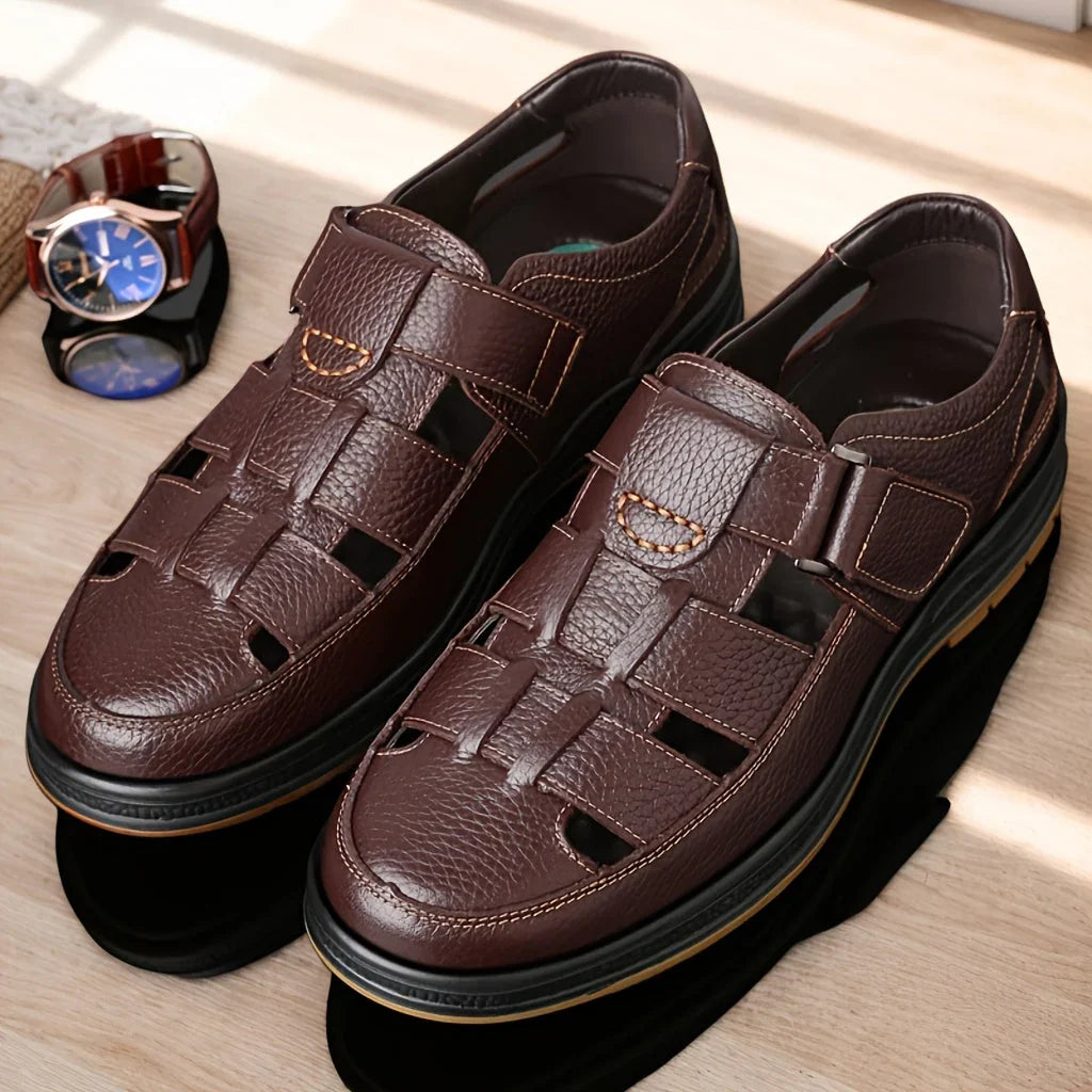 Men's Leather Sandal Closed Toe Adjustable Strap - Brown
