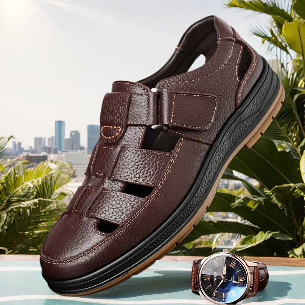 Men's Leather Sandal Closed Toe Adjustable Strap - Brown