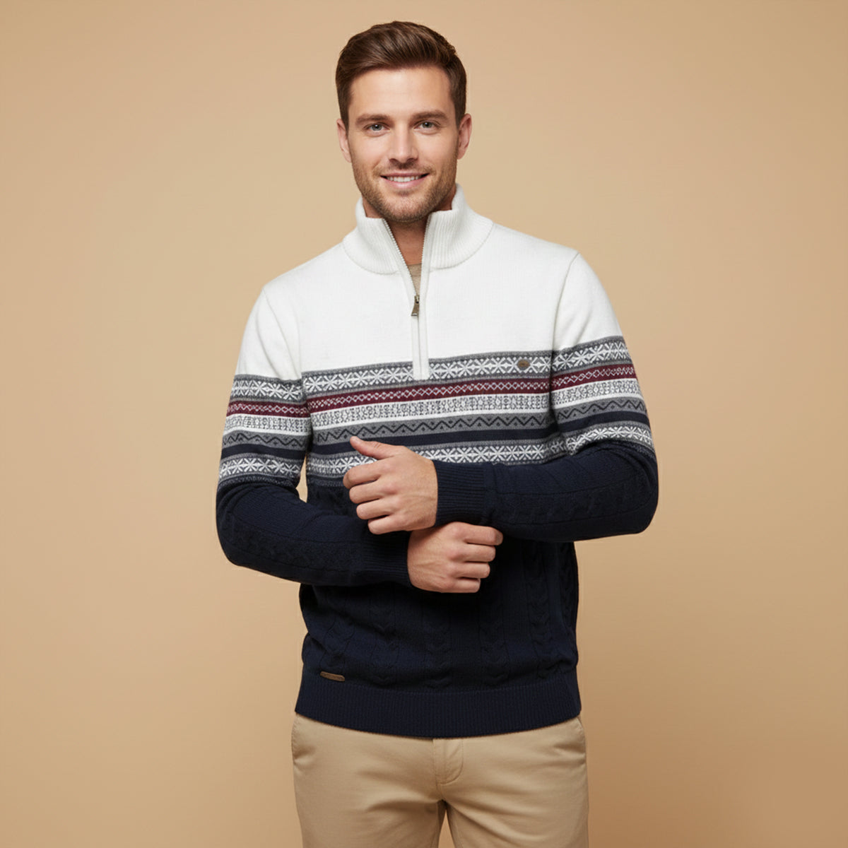 Men's quarter zip mock neck sweater with Fair Isle geometric bands and textured knit lower body