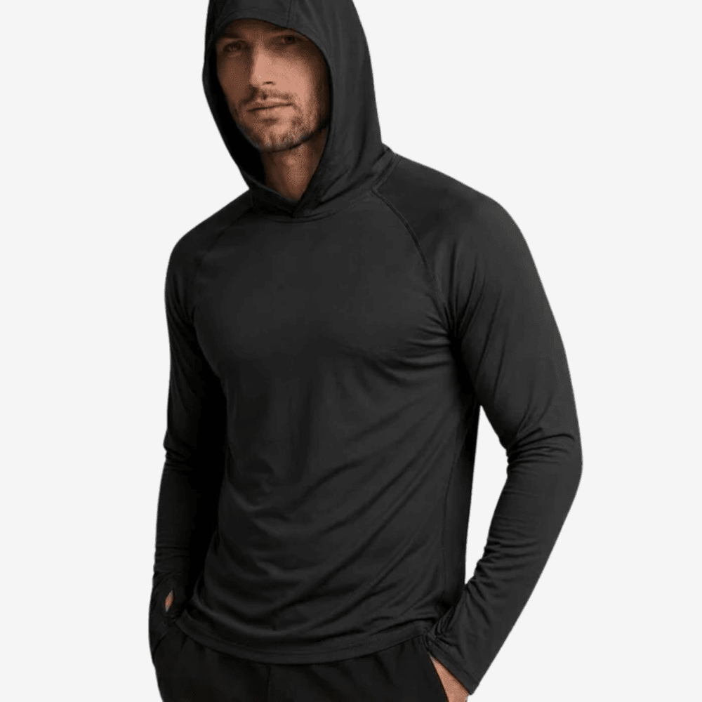 Men's long-sleeve hooded pullover shown in orange and light grey