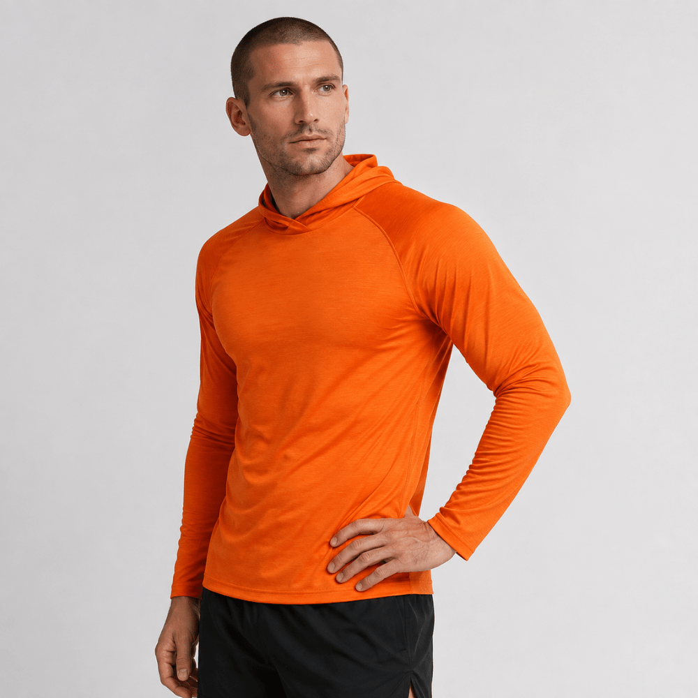 Men's long-sleeve hooded pullover shown in orange and light grey