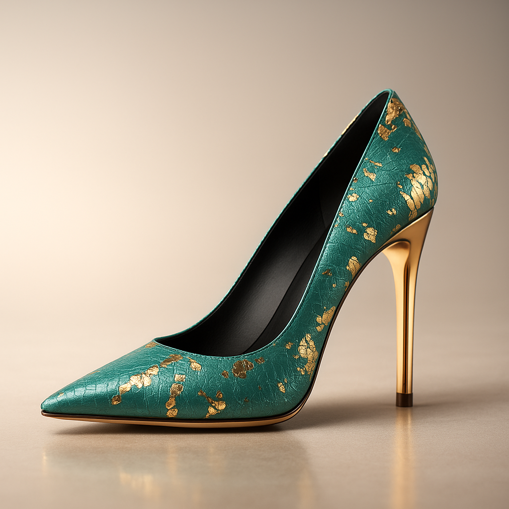 Women’s Textured Python-Effect Court Heels | Pointed Toe & Sculpted Gold Stiletto
