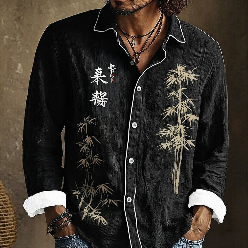 Men's long-sleeved shirt with bamboo artwork, calligraphy and contrast trim