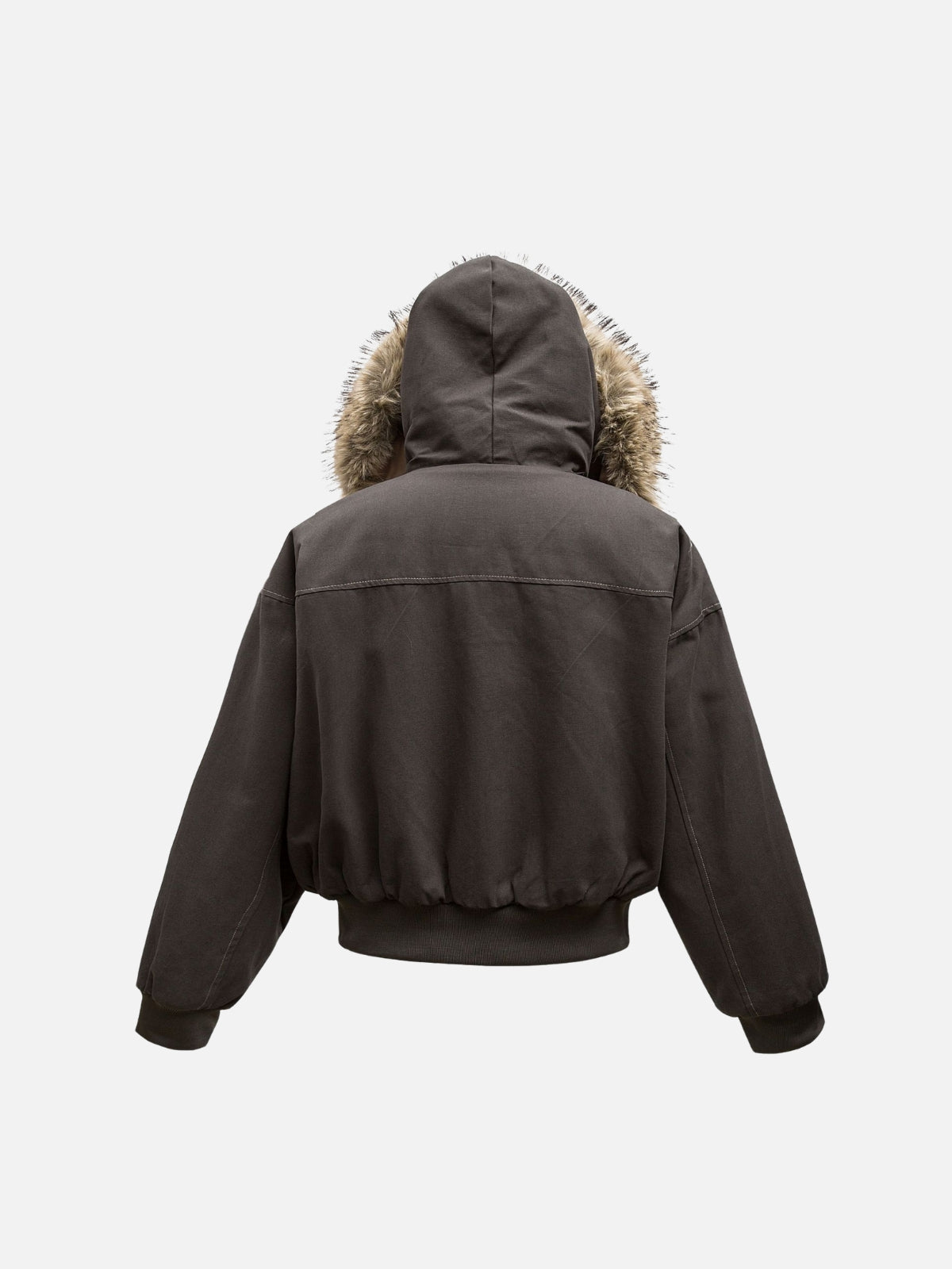 Brown women's hooded bomber jacket with fur-like trim, zip front and snap pockets