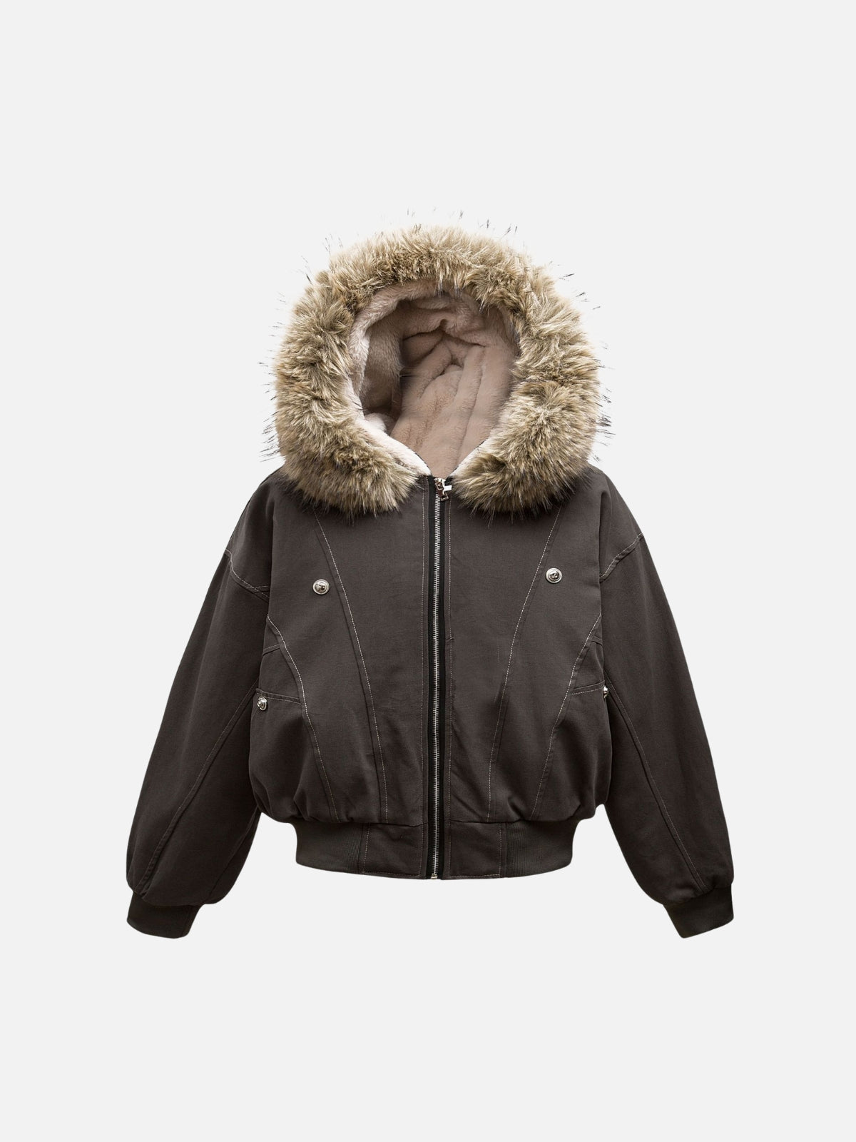 Brown women's hooded bomber jacket with fur-like trim, zip front and snap pockets