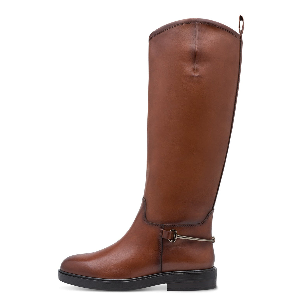 Brown women's knee-high boots with round toes, low heels and buckle straps