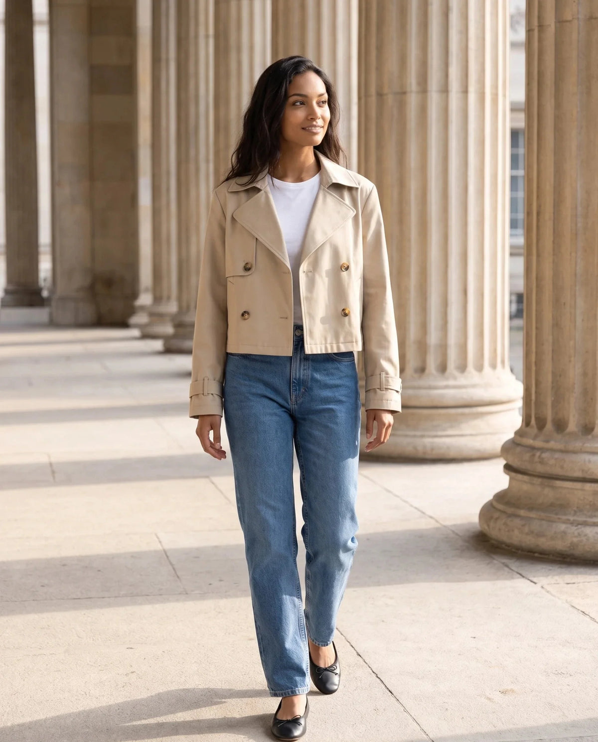 Women's beige cropped double-breasted trench jacket with long sleeves and cuff straps
