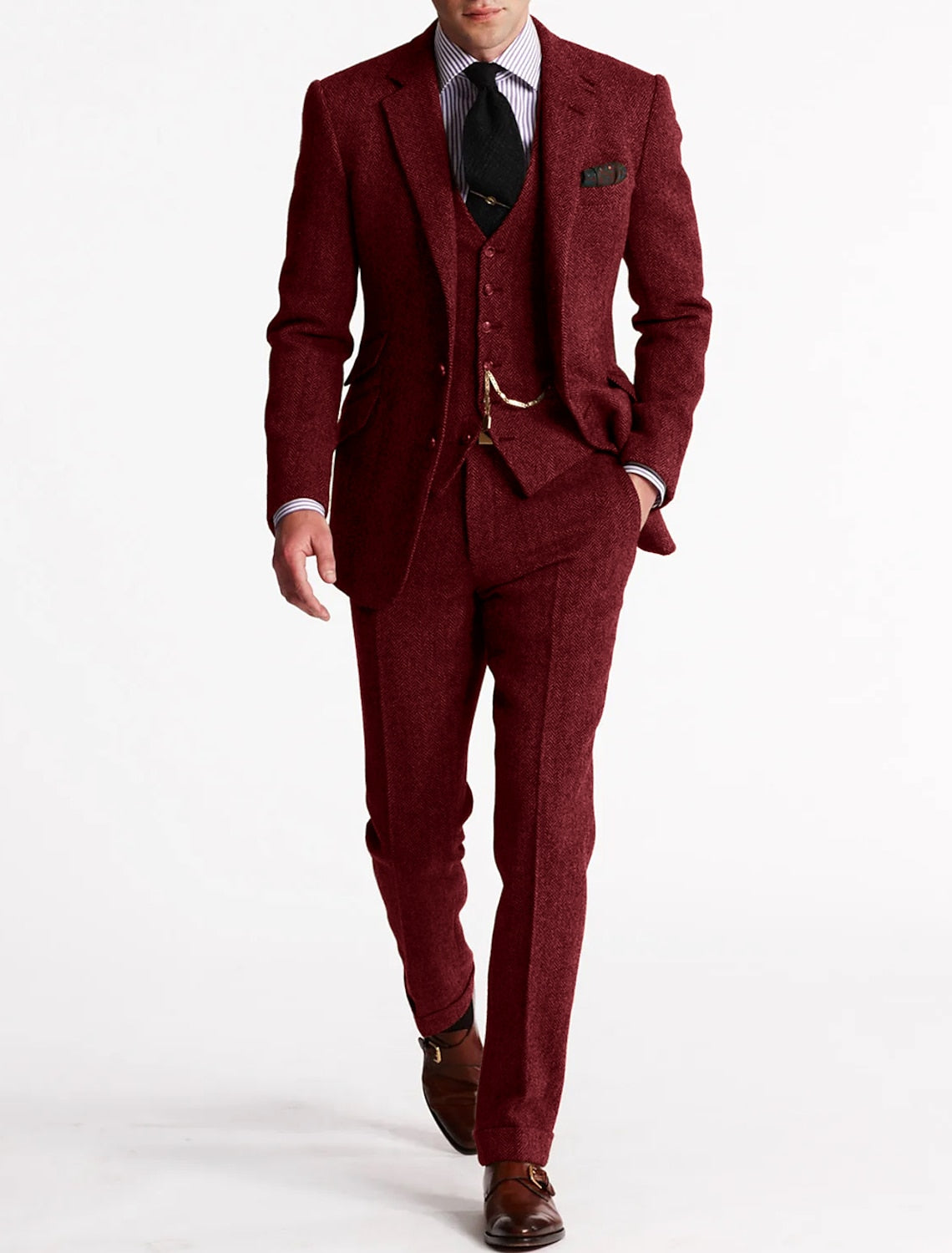 Men's slim fit herringbone three-piece suit with tailored jacket, waistcoat and trousers