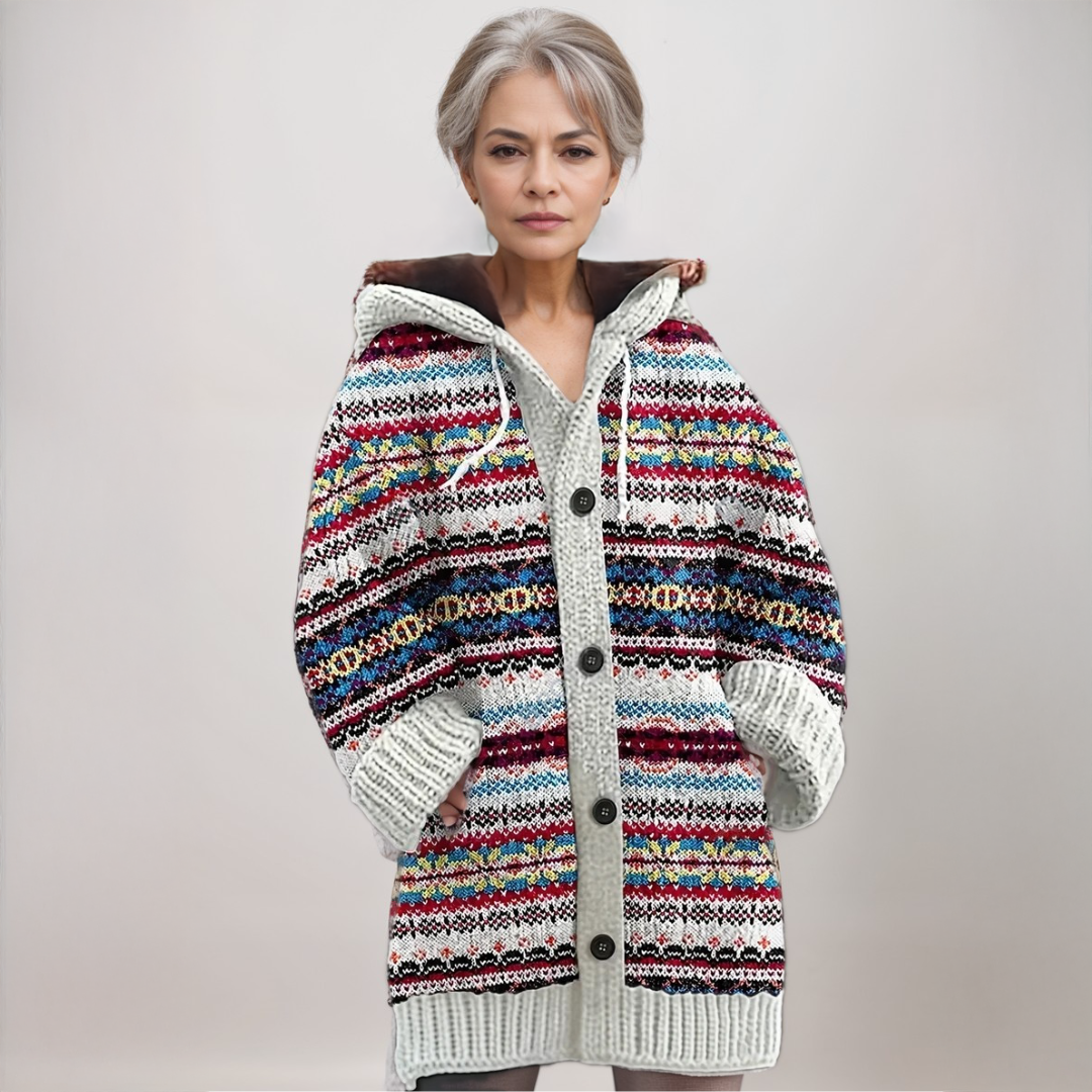 Women's multicolour hooded Nordic pattern knit cardigan with buttons and pockets