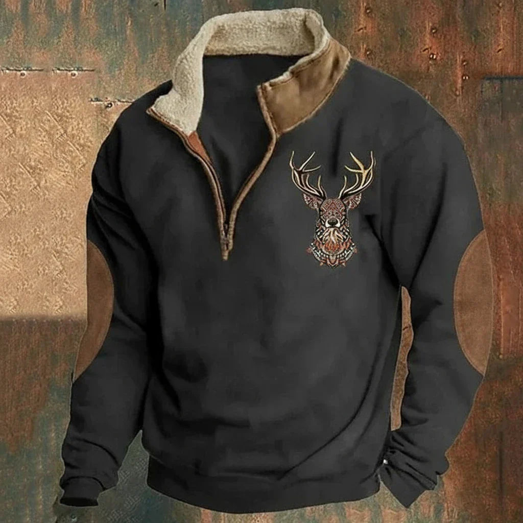 Men's quarter-zip pullover with deer embroidery, mock collar and elbow patches