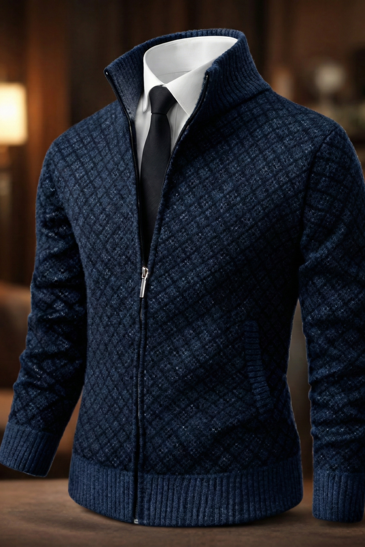 Men's geometric textured cardigan with mock neck, full zip and ribbed trims