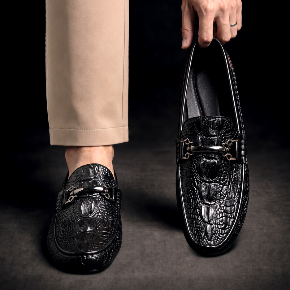 Croc embossed loafers with metal horsebit detail and round toes