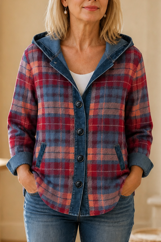 Women's hooded patchwork cardigan with denim-look trim and button front