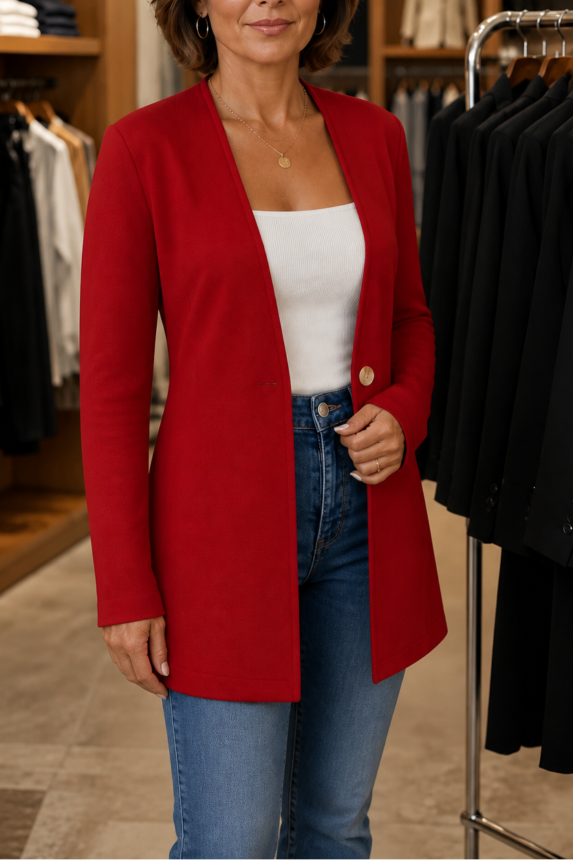 Women's longline A-line blazer with V-neckline and single-button fastening