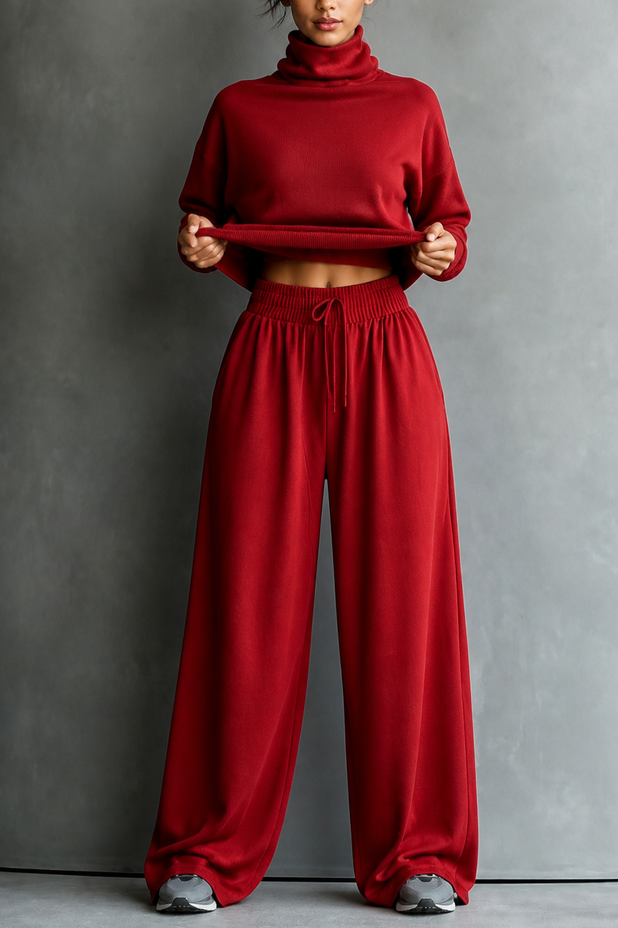 Women's turtleneck top and wide-leg trousers set with drawstring waist