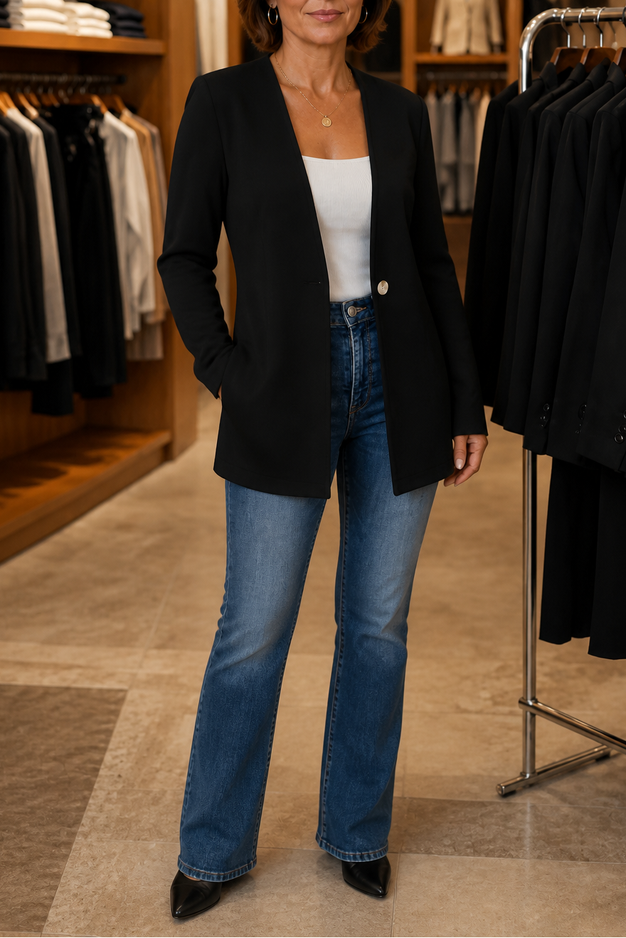 Women's longline A-line blazer with V-neckline and single-button fastening